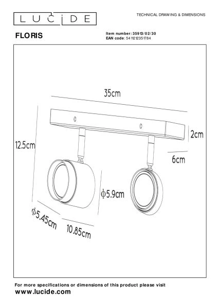 Lucide FLORIS - Plafondspot - 2xGU10 - Zwart - technisch